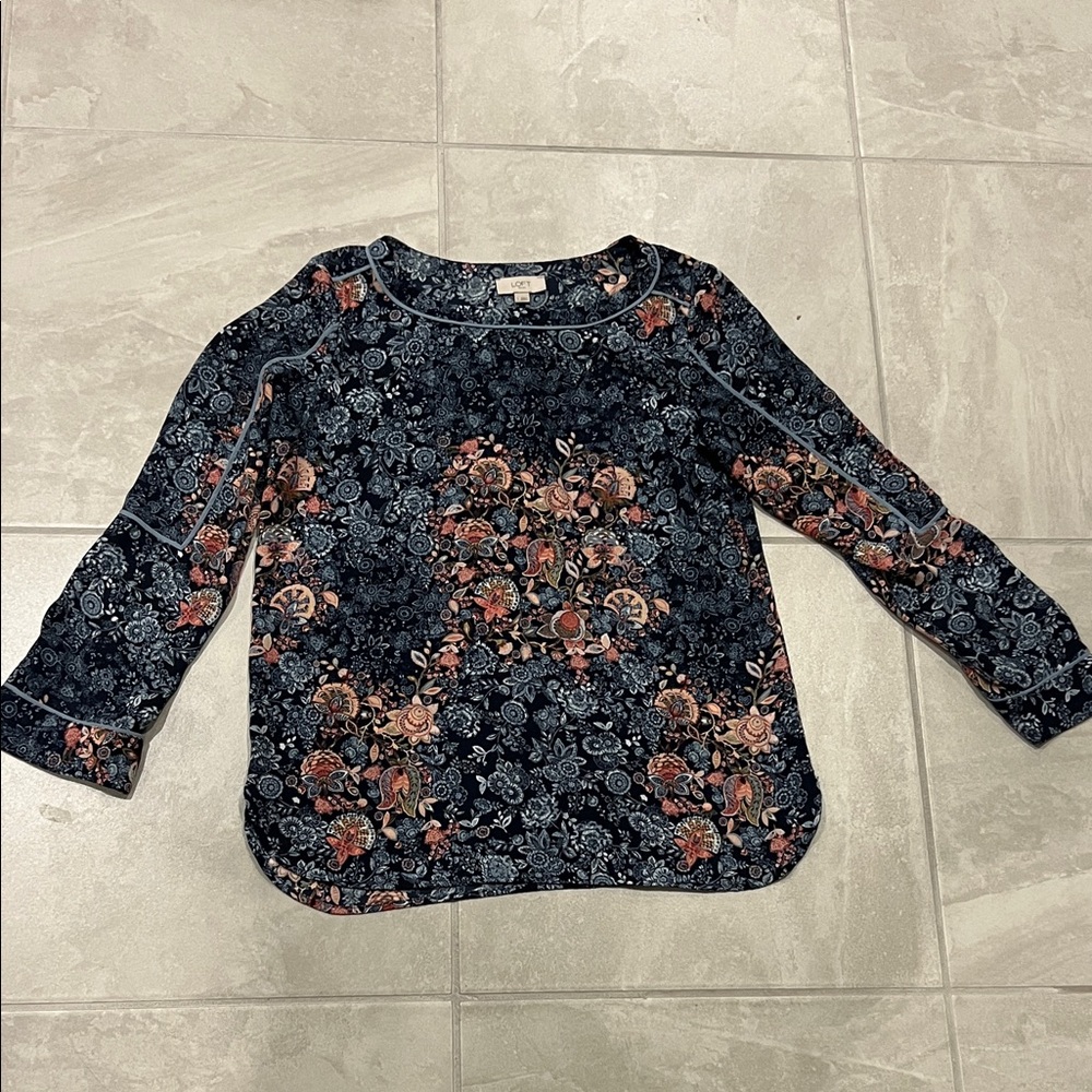 LOFT Navy Floral Patterned Top